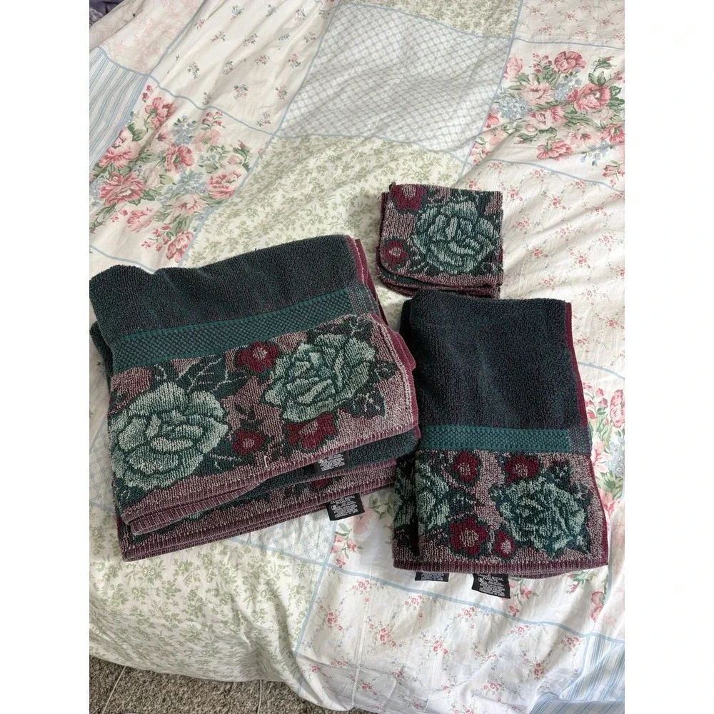 Vintage Cannon Royal Family Green Rose Floral Cttn Bath Towel Washcloth 6pc Set